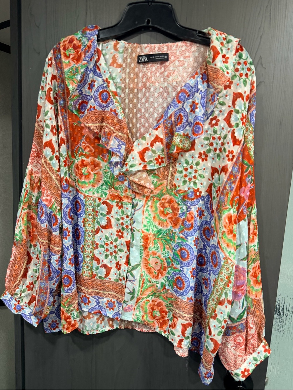Zara Multicolor Floral Ruffle Blouse - Orange, Blue & Green